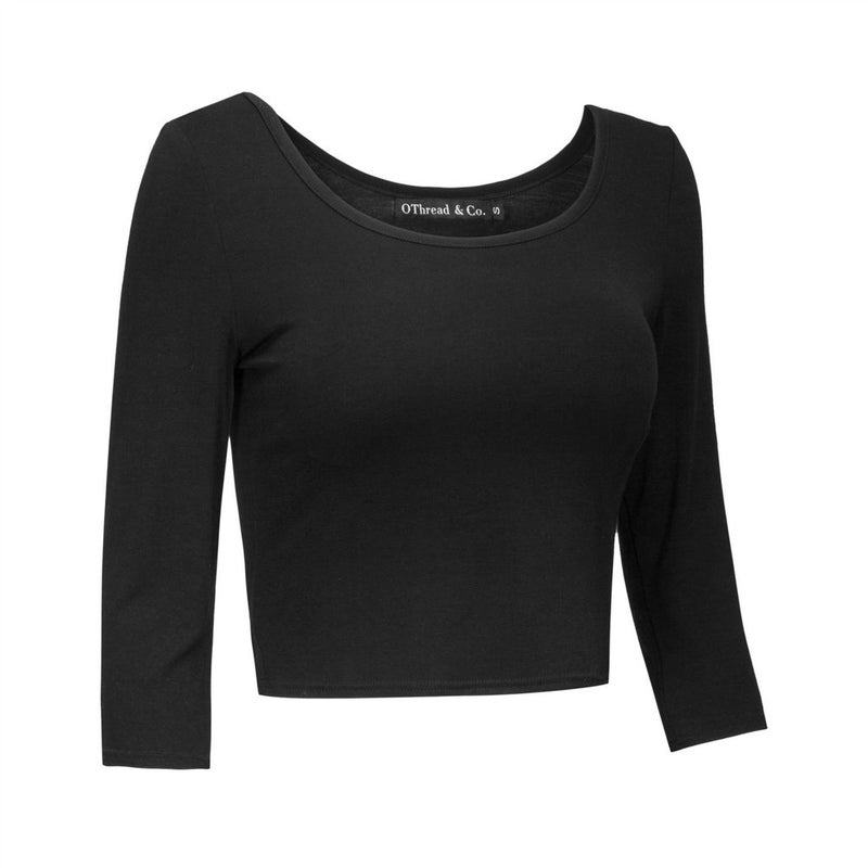 OThread & Co. Women's Crop Tops Basic Stretchy Scoop Neck 3/4 Sleeve T-Shirt (Large, Black) - Image 3